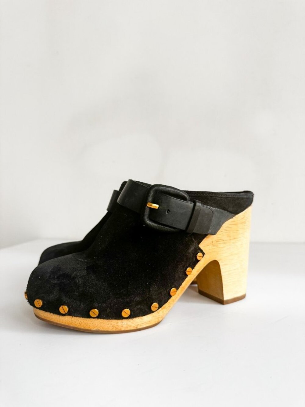 VERONICA BEARD DACEY Buckle Clogs MULE PLATFORM SUEDE BLACK 6.5